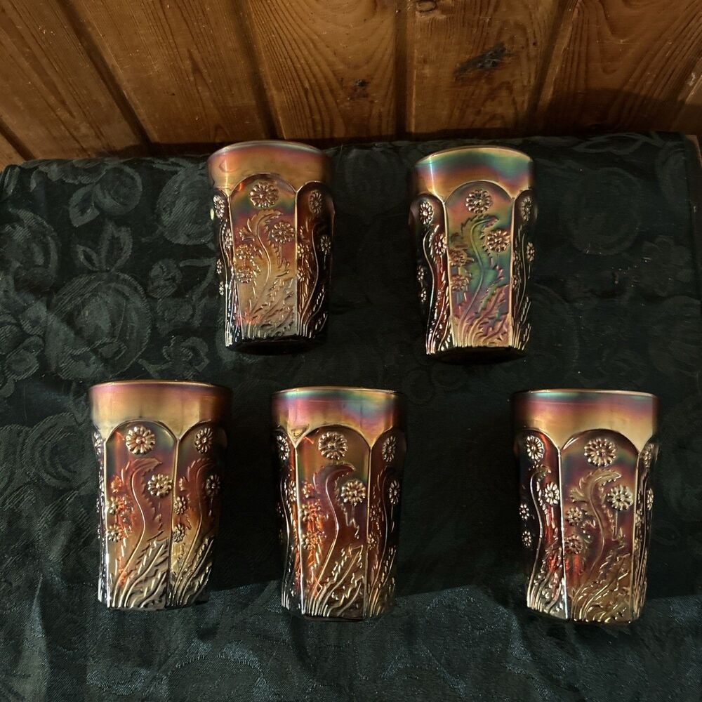 Antique Fenton Paneled Dandelion Carnival Glass Tumblers Amethyst Purple Set 5 - Picture 4 of 16